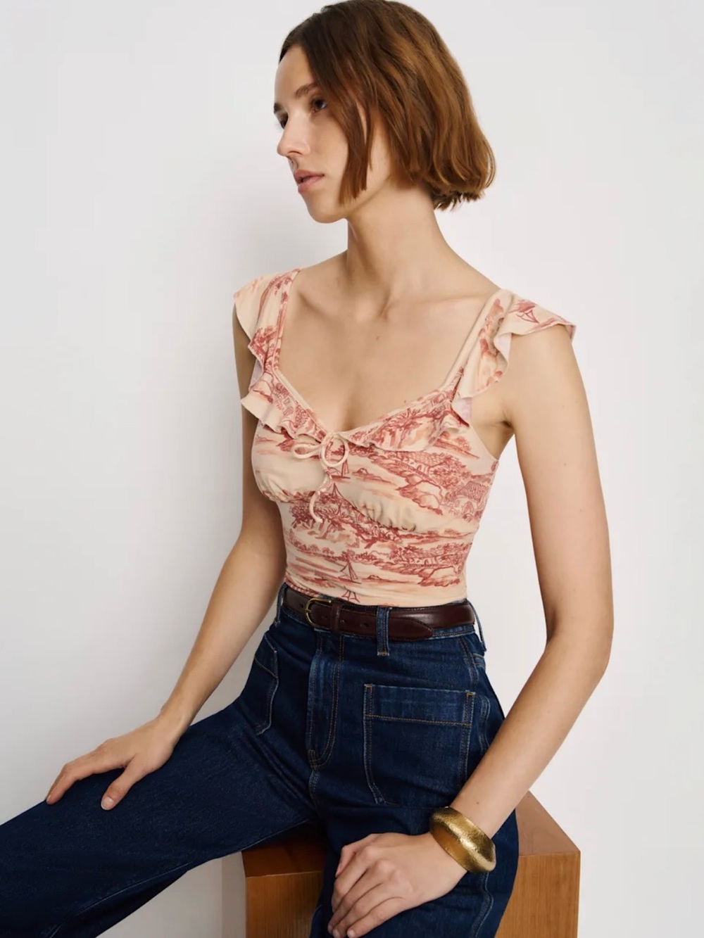 NWT Reformation Lemmy Knit Top Women’s Dolce Vita Print Ruffle Sleeve Top